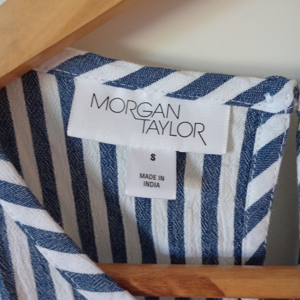Morgan Taylor Blue and White Striped Ruffled Mini Dress Size Small - Picture 14 of 14